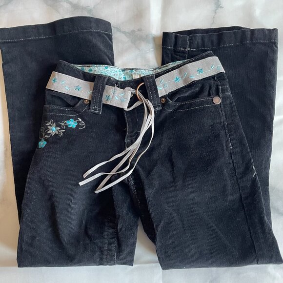 SO Other - RARE VTG SO Y2K Black Corduroy Flare Pants w/ Matching Embroidered Belt Girls 7